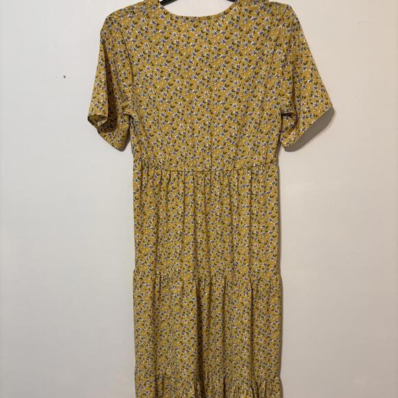 Fashion Yellow Floral Cottagecore Romance Short Sleeve Tiered Maxi Dress-Small - Picture 3 of 3